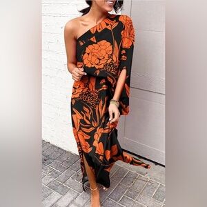 Vibrant Orange One-Shoulder Maxi Dress with Slit